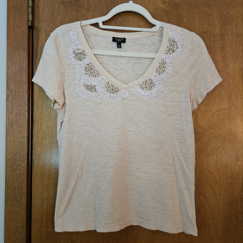 Talbots Petite Beige Embellished V-Neck Top